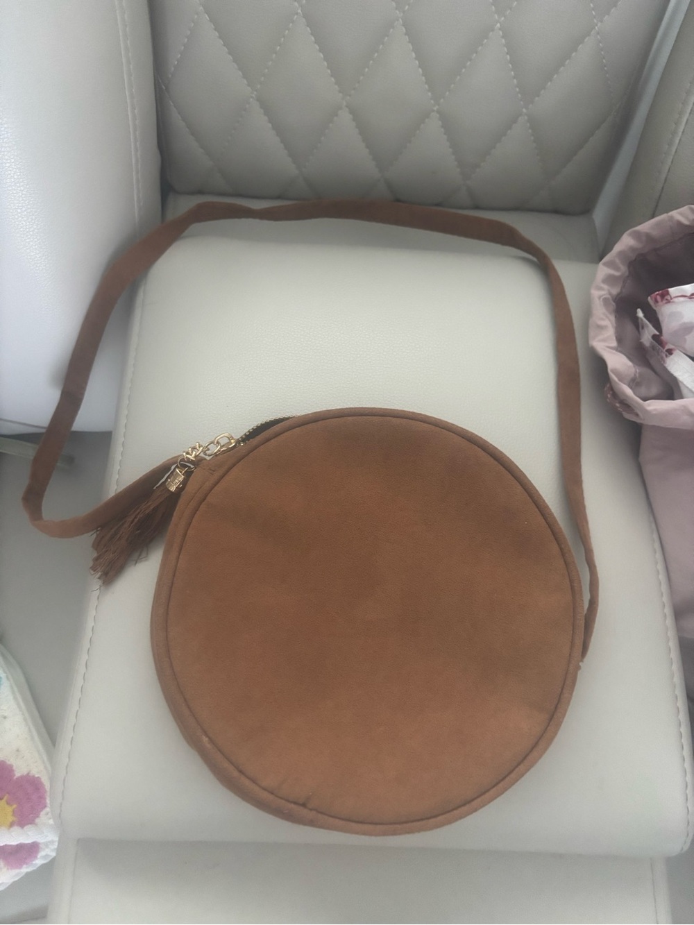 Round Suede Crossbody Bag in Brown
